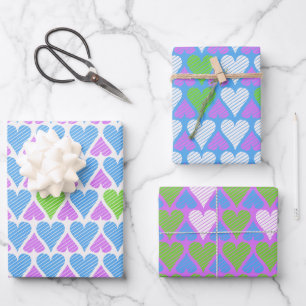 Hoja De Papel De Regalo Vibrante patrón azul verde morado de corazón