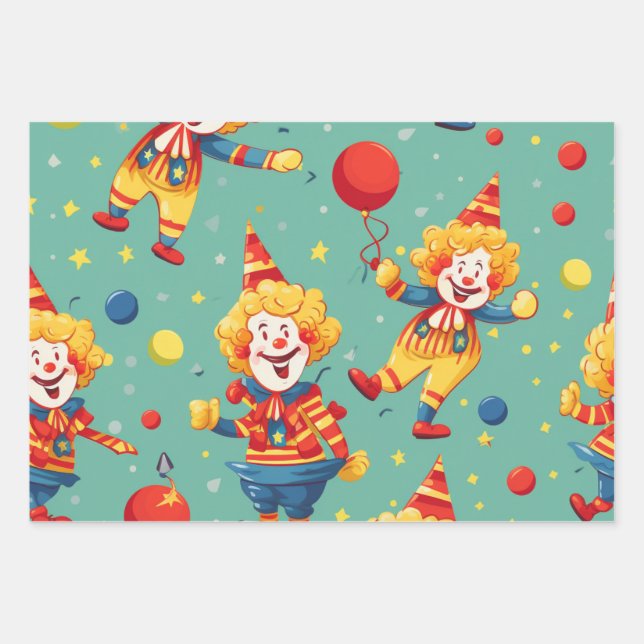 Hoja De Papel De Regalo Vibrante patrón de payasos de cumpleaños feliz (Anverso)