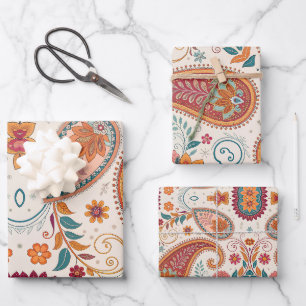 Hoja De Papel De Regalo Vibrante patrón floral blanco Paisley Boho