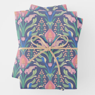 Hoja De Papel De Regalo Vibrante rosa Verde Azul Art Nouveau Floral