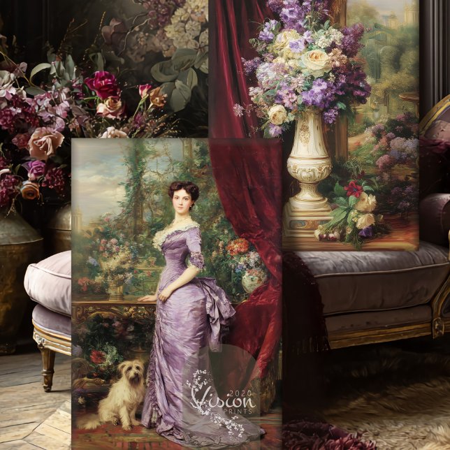 Hoja De Papel De Regalo Victorian Lady English Garden Portrait Decoupage  (Close up of a vintage lady portrait & still life floral, against a purple French living room scene.)