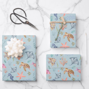 Hoja De Papel De Regalo Vida oceánica acuarela azul pastel texturizado