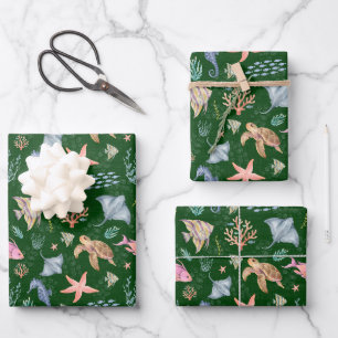 Hoja De Papel De Regalo Vida oceánica acuarela con textura verde bosque