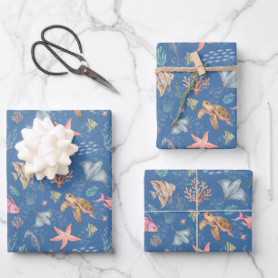 Hoja De Papel De Regalo Vida oceánica acuarela texturizada azul