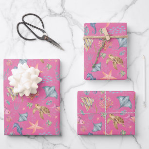 Hoja De Papel De Regalo Vida oceánica acuarela texturizada rosa