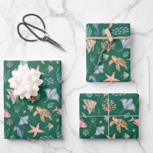 Hoja De Papel De Regalo Vida oceánica acuarela texturizada verde oscuro