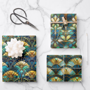 Hoja De Papel De Regalo Vidrio emplomado de pavo real azul, turquesa y dor