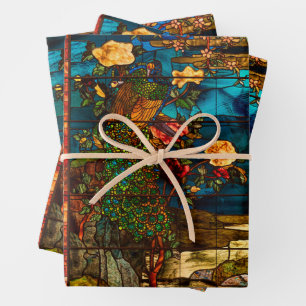Hoja De Papel De Regalo Vidrio emplomado vintage con pavos reales y flores