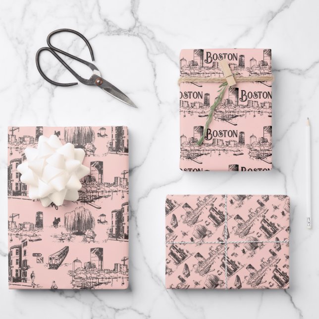 Hoja De Papel De Regalo Viejo Boston rosa y negro (Anverso)