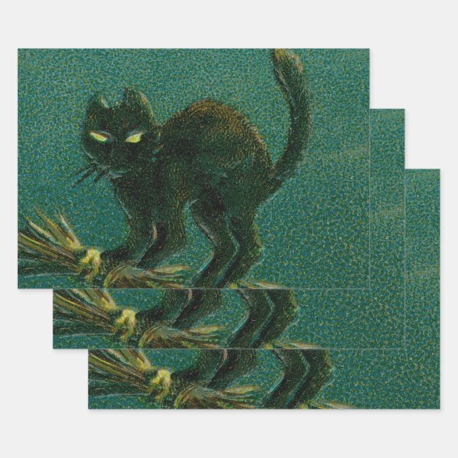 Hoja De Papel De Regalo Viejo gato negro en Broom Halloween (Set)