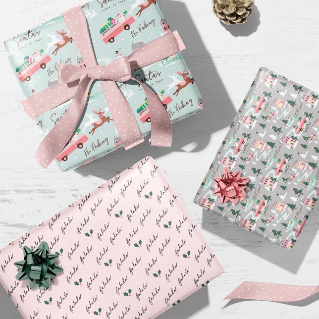 Hoja De Papel De Regalo Viene Santa a envolver camioneta Retro Rosa (Santa's Comin' To Town Pink Retro Van Wrapping Wrapping Paper Sheets)