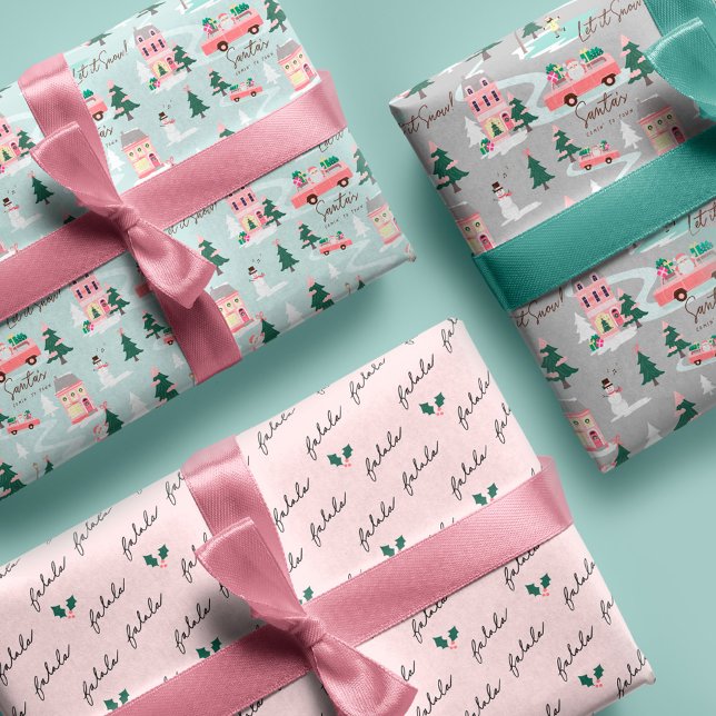 Hoja De Papel De Regalo Viene Santa a envolver camioneta Retro Rosa (Santa's Comin' To Town Pink Retro Van Wrapping Wrapping Paper Sheets)