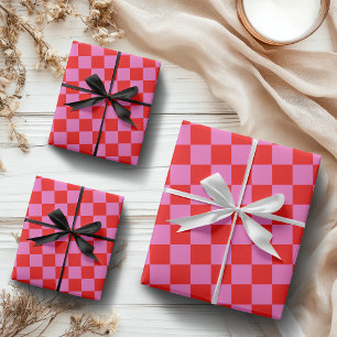 Hoja De Papel De Regalo Viñeta de tablero de ajedrez rosa y rojo