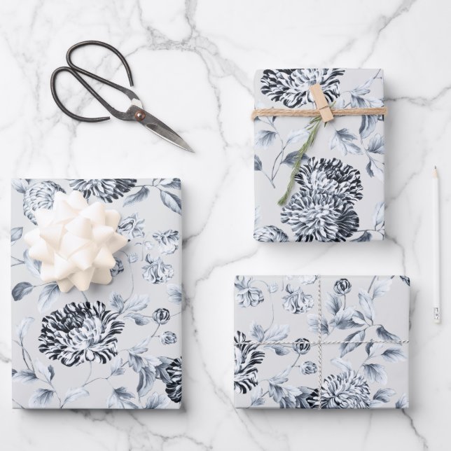 Hoja De Papel De Regalo Vino Floral Dahlias Plateado En Gris Perla (Anverso)