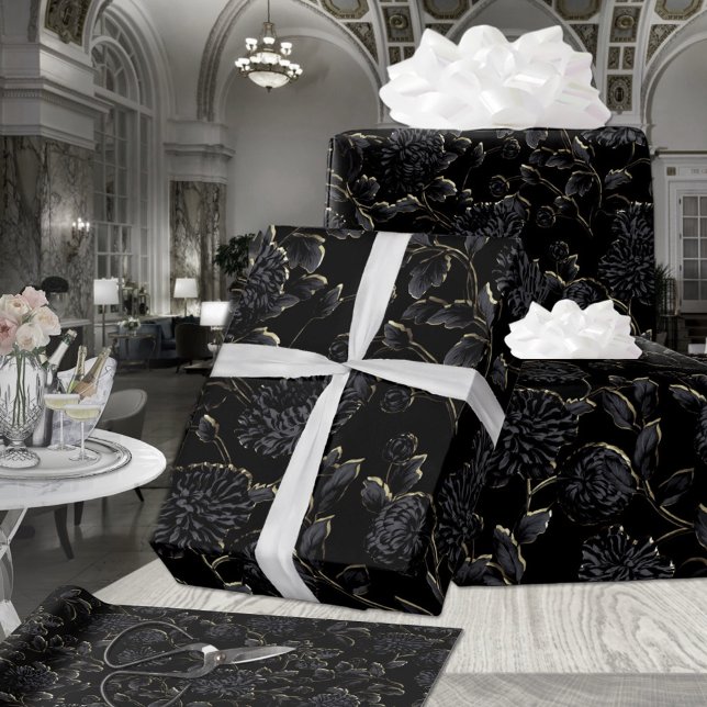 Hoja De Papel De Regalo Vino floral dorado negro y bronce (Subido por el creador)