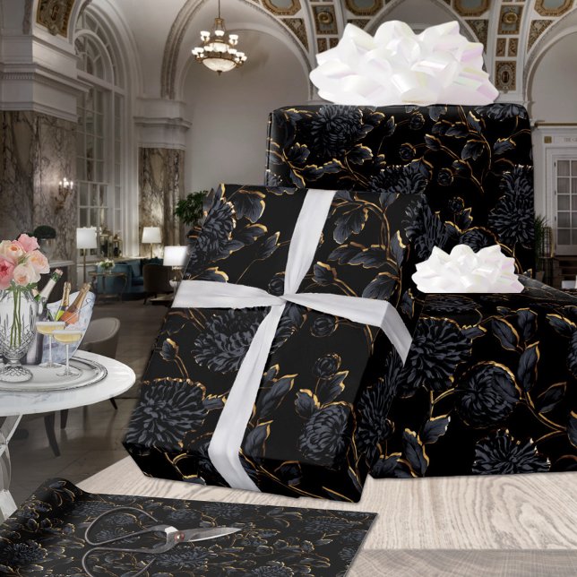 Hoja De Papel De Regalo Vino floral negro y dorado (Subido por el creador)