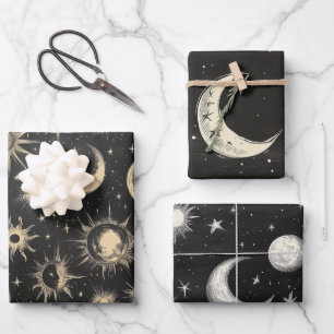 Hoja De Papel De Regalo Vintage Black Chalkboard Night Sky Stars & Moons