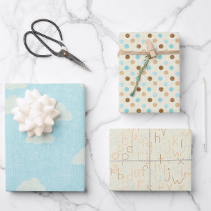 Hoja De Papel De Regalo Vintage Boy Clouds Doce Alphabet Blue Baby Shower