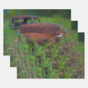 Hoja De Papel De Regalo Vintage Car Old Antique Brown Green Rustic Art