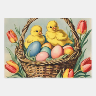 Hoja De Papel De Regalo Vintage chichas de Pascua con tulipanes
