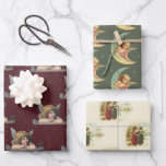 Hoja De Papel De Regalo Vintage Christmas Angels Art Pattern Wraping Pape<br><div class="desc">Elegantes colores burdeos verdes y rojos adornados con nostálgicos dibujos a mano de Art of Angel en una nube,  hadas sentadas en la luna y dos cantantes de carol en la nieve. Un diseño de Papel clásico de ensueño para una decoración elegante y lujosa.</div>