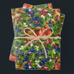 Hoja De Papel De Regalo Vintage Christmas Birds Holly Faux Gold Pattern<br><div class="desc">Este patrón representa pájaros sentados en las ramas del holly con la nieve y con un contorno y líneas decorativas de Relieve metalizado de oro falso sobre un fondo abstracto azul oscuro con ramas de oro falso,  hechos por mí usando la tecnología de abstracción acrílica vertida,  arte fluido.</div>