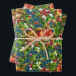 Hoja De Papel De Regalo Vintage Christmas Birds Holly Faux Gold Pattern<br><div class="desc">Este patrón representa pájaros sentados en las ramas del holly con nieve y con un contorno y líneas de Relieve metalizado de imitación de oro decorativas sobre un fondo de color azul.</div>