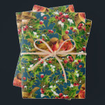 Hoja De Papel De Regalo Vintage Christmas Birds Holly Faux Gold Pattern<br><div class="desc">Este patrón representa pájaros sentados en las ramas del holly con nieve y con un contorno y líneas de Relieve metalizado de imitación de oro decorativas sobre un fondo de color azul.</div>
