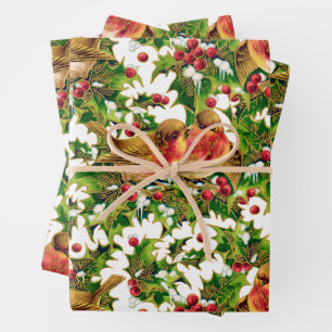 Hoja De Papel De Regalo Vintage Christmas Birds Holly Faux Gold Pattern