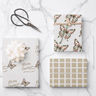 Hoja De Papel De Regalo Vintage Christmas Butterfly Red and Gold