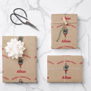 Hoja De Papel De Regalo Vintage Christmas Chica y Holly Custom Name Kraft