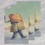 Hoja De Papel De Regalo Vintage Christmas, Child with Large Package<br><div class="desc">Ilustracion de la Vintage. Imagen de feriado navideño con un muchacho que cargaba un paquete con regalos y regalos de Navidad del buzón a través de la nieve en invierno. El niño lleva un gorra rojo y una bufanda verde.</div>