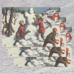 Hoja De Papel De Regalo Vintage Christmas, Children Snowball Fiesta<br><div class="desc">Ilustracion Vintage. Imagen de feriado navideño de Feliz Navidad con niños divirtiéndose afuera con una pelea de bolas de nieve. Los niños están arrojando bolas de nieve y construyendo un muñeco de nieve en un día de invierno.</div>
