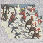 Hoja De Papel De Regalo Vintage Christmas, Children Snowball Fiesta<br><div class="desc">Ilustracion Vintage. Imagen de feriado navideño de Feliz Navidad con niños divirtiéndose afuera con una pelea de bolas de nieve. Los niños están arrojando bolas de nieve y construyendo un muñeco de nieve en un día de invierno.</div>