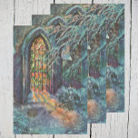 Hoja De Papel De Regalo Vintage Christmas Church con ventana de vidrio man<br><div class="desc">Navidades de ilustracion de época celebran un diseño religioso con un elemento arquitectónico,  un paisaje de nieve con vidrieras. Una hermosa capilla con luz que llega sobre la nueva nieve caída afuera en el paisaje invernal.</div>