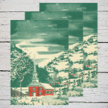 Hoja De Papel De Regalo Vintage Christmas Church, Snowscape in Winter<br><div class="desc">Navidades de ilustracion de época celebran un diseño religioso con una pintoresca capilla en un bonito pueblo de montaña. Un paisaje natural invernal con montañas,  árboles y nieve. El original es un cuadro acuático de arte rojo y verde.</div>