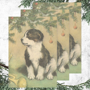 Hoja De Papel De Regalo Vintage Christmas, Cute Puppy con Árbol De Navidad