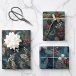 Hoja De Papel De Regalo Vintage Christmas Elegant Sparkle<br><div class="desc">Este lujoso papel de envoltura presenta un fondo oscuro y moreno con un patrón giratorio y abstracto en tonos azul verde azulado y profundo, que recuerda a los mares tormentosos o a la nebulosa celeste. El diseño se ha repartido en grupos de elementos festivos, entre ellos, brotes de hojaldre con...</div>