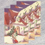 Hoja De Papel De Regalo Vintage Christmas, Family House in the Snow<br><div class="desc">Ilustracion Vintage Diseño navideño de Feliz Navidad con una casa cubierta de nieve en invierno. Un padre y un hijo están colgando luces de Navidad en un árbol en el patio delantero. El niño está jugando con su trineo de juguete o su tobogán.</div>