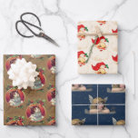 Hoja De Papel De Regalo Vintage Christmas Fun Nostalgic Santa Cat Angel<br><div class="desc">Motivos retro nostálgicos únicos en un fondo festivo de color crema,  marrón y azul medianoche. El elegante Navidad Ángel en una Nube,  Divertido Santa Head con gorra rojo,  y un Gato de aspecto divertido hacen de este artículo único y especial.</div>