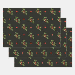 Hoja De Papel De Regalo Vintage Christmas Holly Leaks and Stars Pattern
