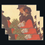Hoja De Papel De Regalo Vintage Christmas, Love and Romance Gift Shopping<br><div class="desc">Ilustracion de época Feliz Navidad,  amor e imagen romántica con una pareja de compras durante la carrera de los Navidades. Están cargando regalos envueltos y hojas huecas con bayas rojas.</div>