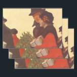 Hoja De Papel De Regalo Vintage Christmas, Love and Romance Gift Shopping<br><div class="desc">Ilustracion de época Feliz Navidad,  amor e imagen romántica con una pareja de compras durante la carrera de los Navidades. Están cargando regalos envueltos y hojas huecas con bayas rojas.</div>