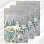 Hoja De Papel De Regalo Vintage Christmas, People Going to Church in Snow<br><div class="desc">Vintage illustration Christmas holiday religious design featuring a cute chapel in the winter season with trees covered in snow. People are arriving for services in horse drawn carriages and smoke is rising from chimneys.</div>