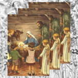 Hoja De Papel De Regalo Vintage Christmas, Religious Nativity w Baby Jesus<br><div class="desc">Imagen del feriado de Navidades religiosos de ilustracion vintage que presenta una bella escena familiar de natividad clásica con Mary,  Joseph y el niño Jesucristo en el pesebre en Belén. Escena de religión cristiana con niños reunidos dando la mano alrededor del bebé.</div>