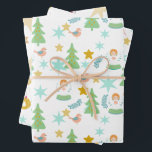 Hoja De Papel De Regalo Vintage Christmas Retro Groovy rosa, azul, verde<br><div class="desc">Pájaros rosa pastel pálido,  verdes,  dorados,  azules y amarillos,  árboles navideños,  estrellas,  ángeles y otros símbolos retro navideños Envoltura navideña vintage.</div>