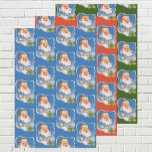 Hoja De Papel De Regalo Vintage Christmas, Retro Jolly Santa Claus<br><div class="desc">Vintage illustration Christmas holiday design featuring a floating Santa Claus face over a snow covered village. Ribbon with stars and Christmas holly frame the scene.</div>