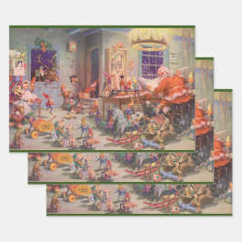Hoja De Papel De Regalo Vintage Christmas, Santa Claus con Elves Workshop