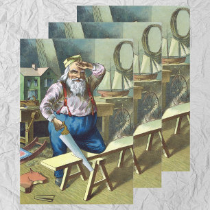 Hoja De Papel De Regalo Vintage Christmas, Santa Claus construyendo juguet