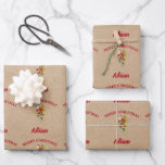 Hoja De Papel De Regalo Vintage Christmas Santa Claus Custom Name Kraft<br><div class="desc">Un ilustracion vintage de un Navidad Papá Noel subiendo una escalera con su saco lleno de regalos en papel kraft parece el fondo. Ideal para los regalos y la decoración de los Navidades. Personalizar el texto y hazlo propio.</div>